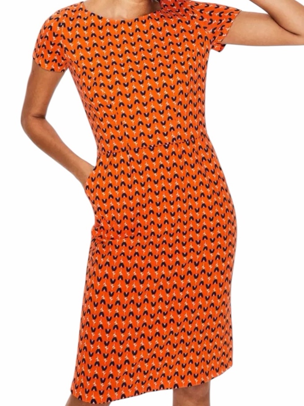 Boden "Phoebe" Orange with Blue/White Tulip Print Short Sleeve Knit Dress 14L